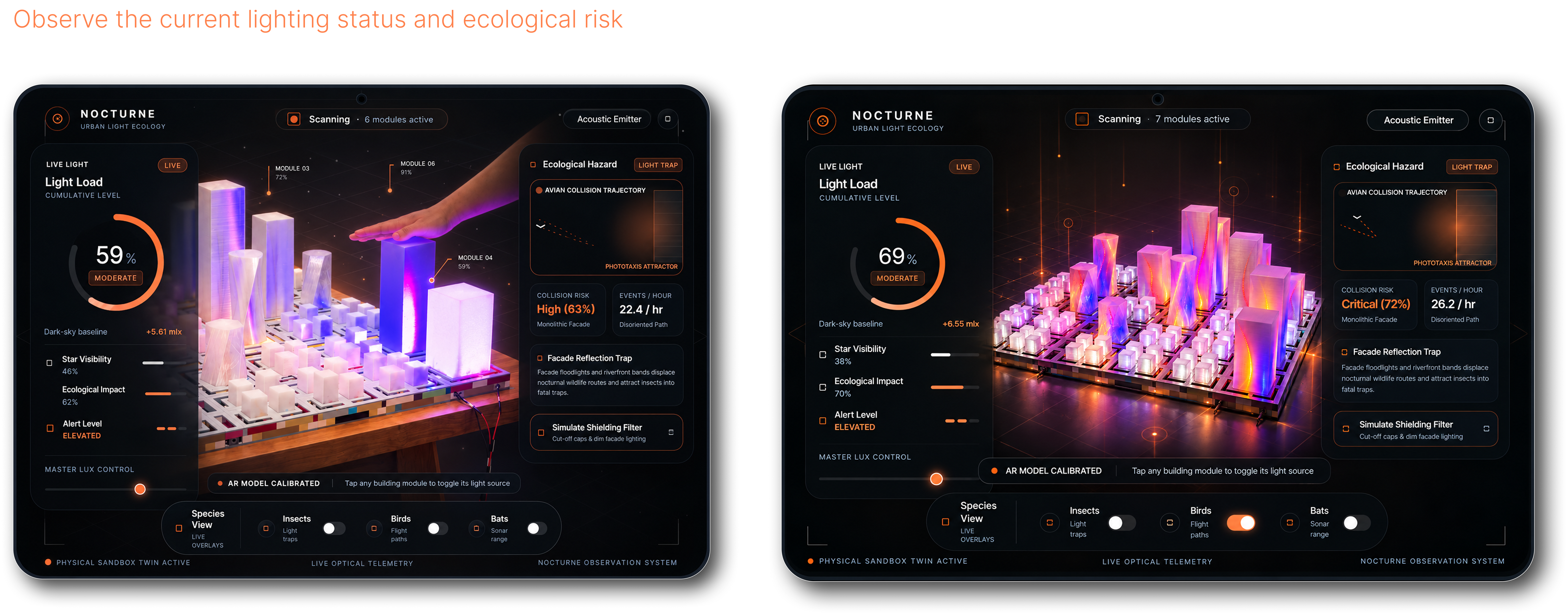 NOCTURNE urban light ecology interface on two tablets